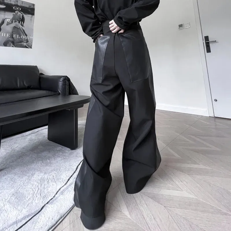 Patchwork Leather and Polyester Black Pants