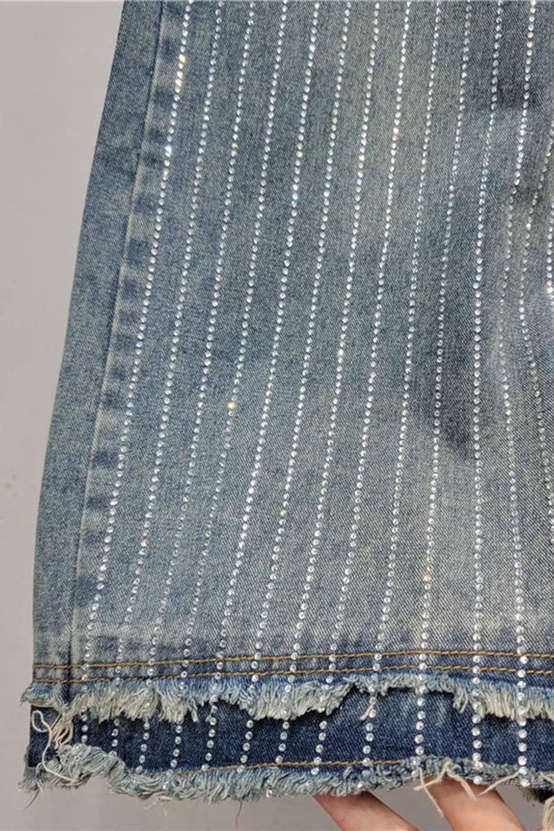 QK734 High Waist Rhinestone A-Line Denim Skirt