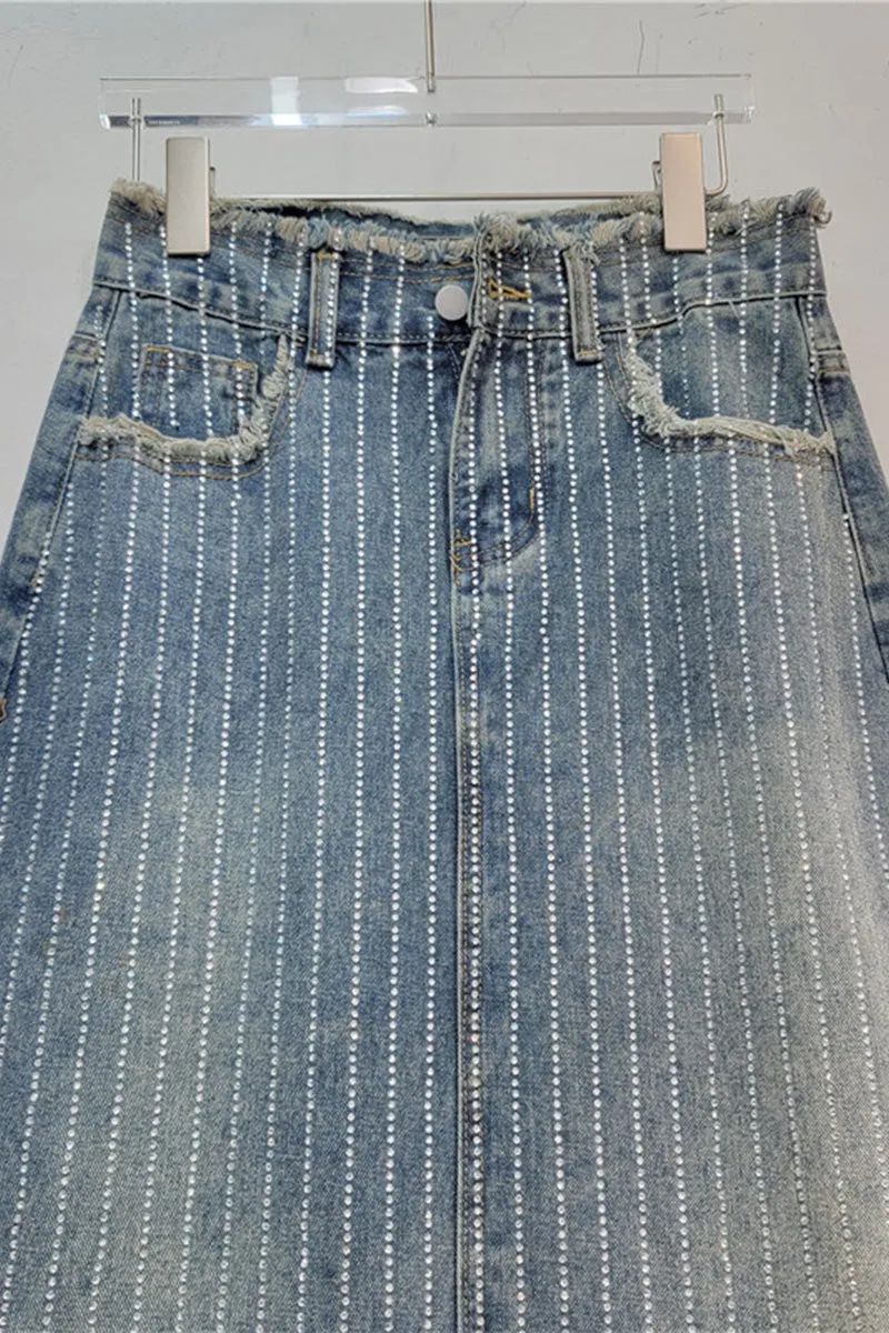 QK734 High Waist Rhinestone A-Line Denim Skirt