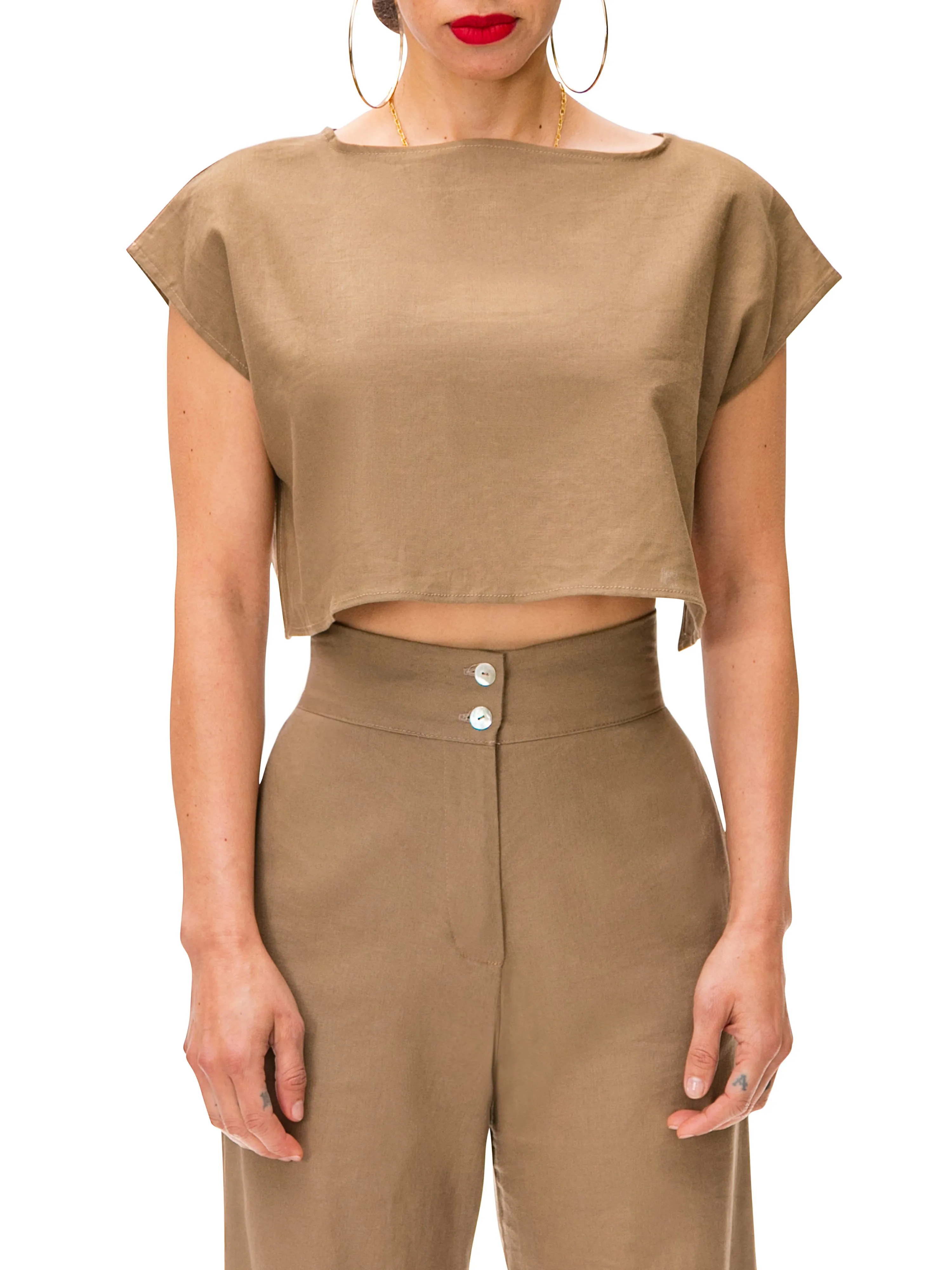 "Camellia" Khaki Linen Crop Top w/Side Slits