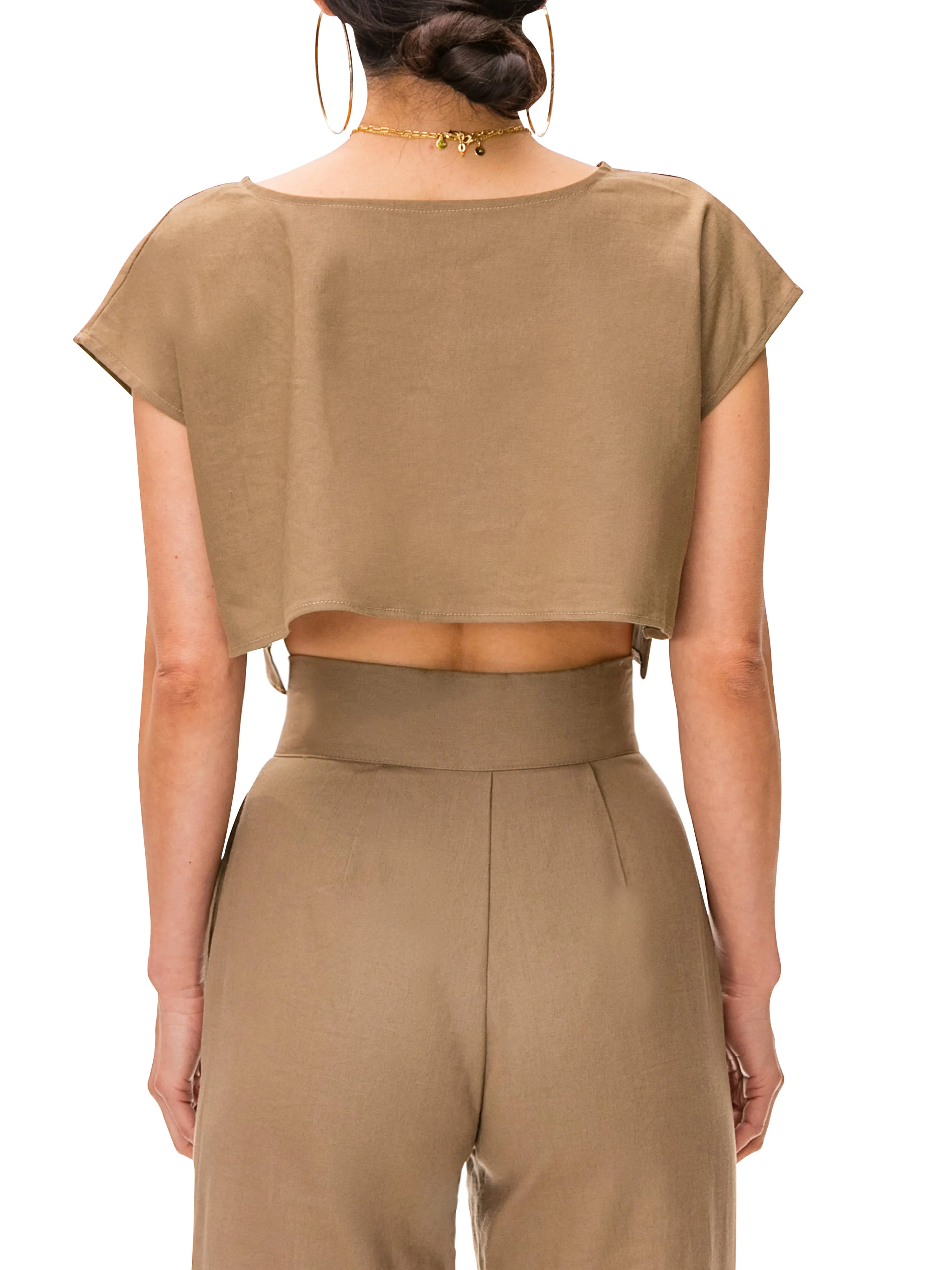 "Camellia" Khaki Linen Crop Top w/Side Slits