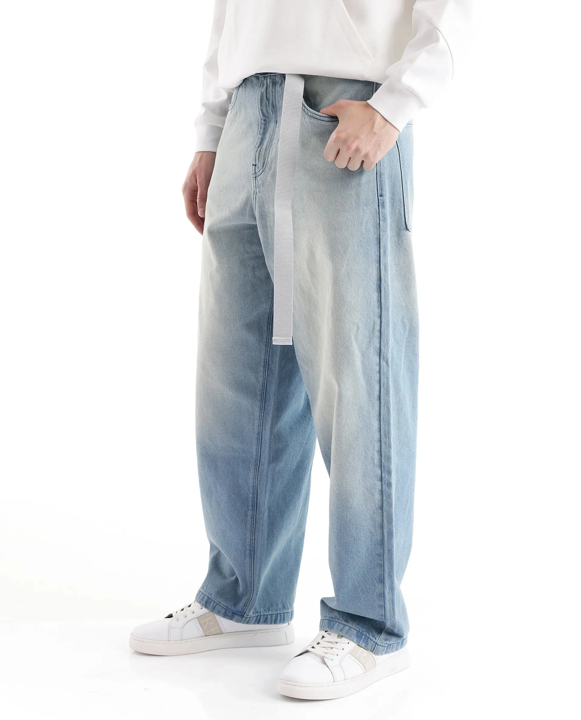 Rare Rabbit Men's Niretor-2 Light Blue Cotton Fabric Mid Rise Ice Wash Baggy Fit With Attached Belt Jeans