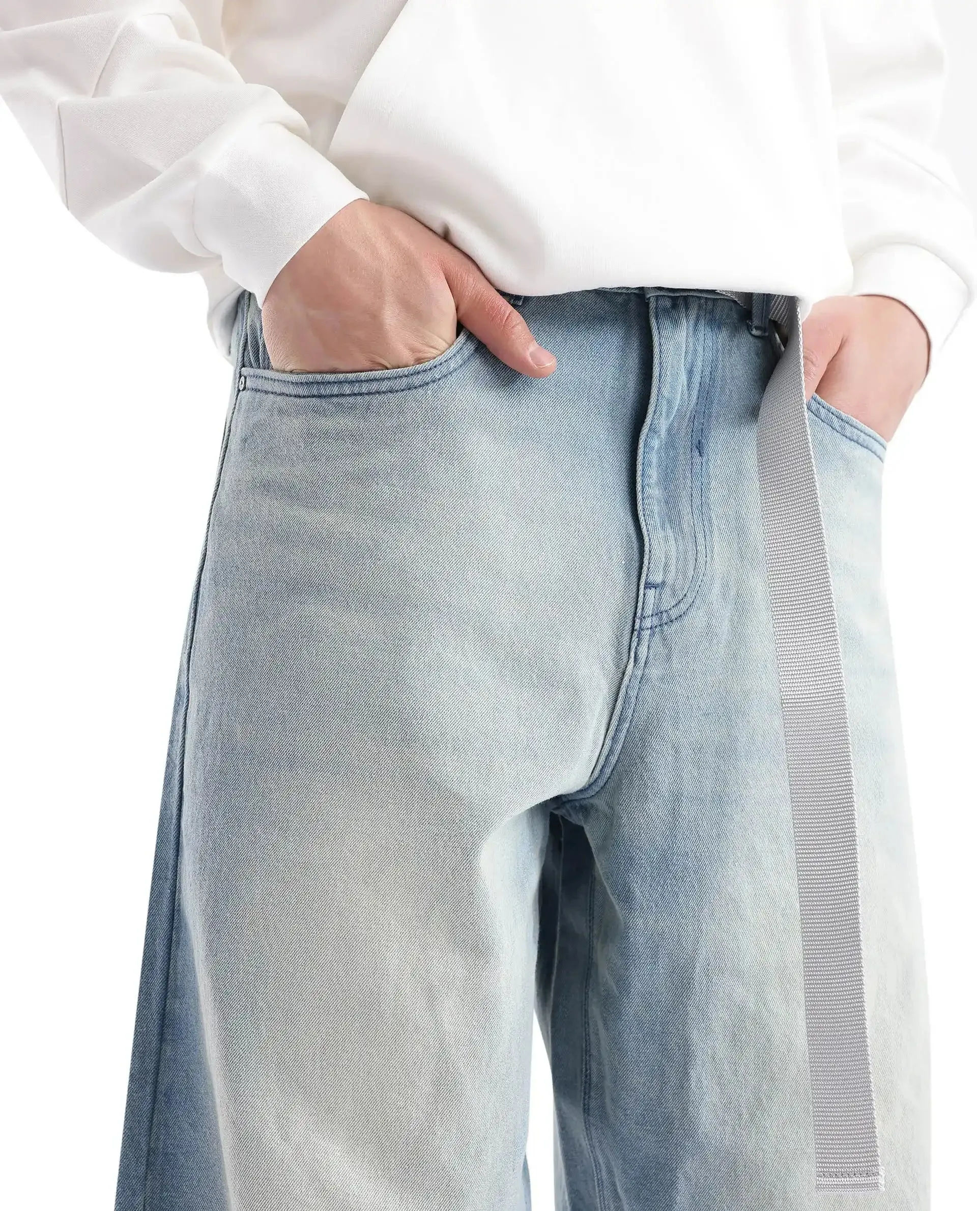 Rare Rabbit Men's Niretor-2 Light Blue Cotton Fabric Mid Rise Ice Wash Baggy Fit With Attached Belt Jeans