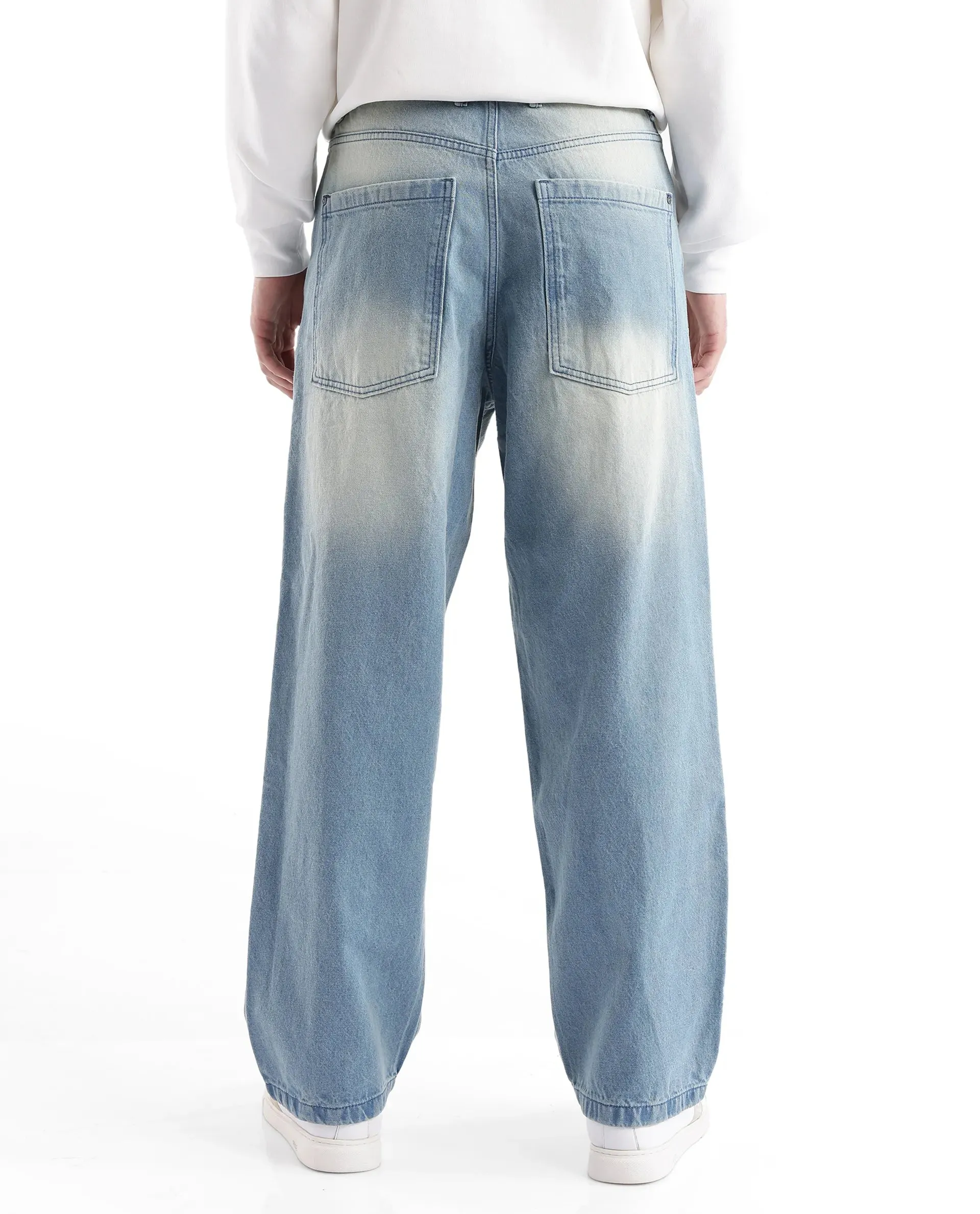 Rare Rabbit Men's Niretor-2 Light Blue Cotton Fabric Mid Rise Ice Wash Baggy Fit With Attached Belt Jeans