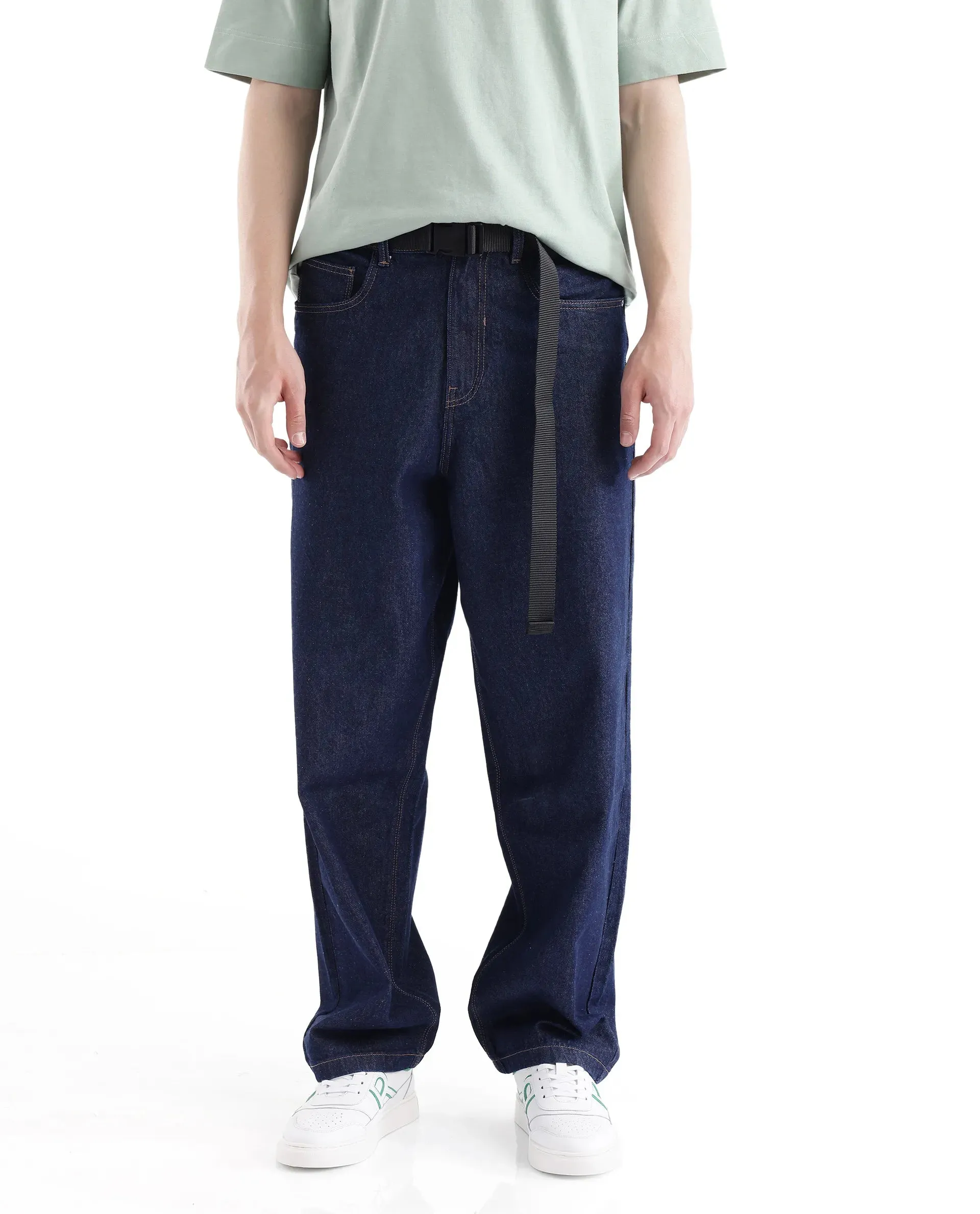 Rare Rabbit Men's Niretor Dark Blue Cotton Fabric Mid Rise Dark Wash Baggy Fit With Attached Belt Jeans