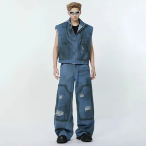 Ripped Blue Denim Vest Pants Set