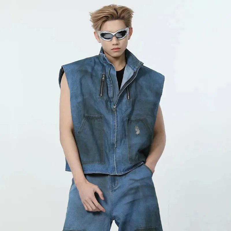 Ripped Blue Denim Vest Pants Set