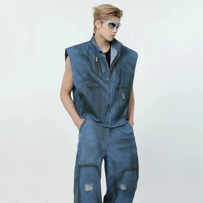 Ripped Blue Denim Vest Pants Set