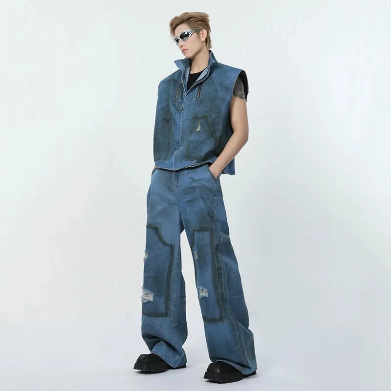 Ripped Blue Denim Vest Pants Set