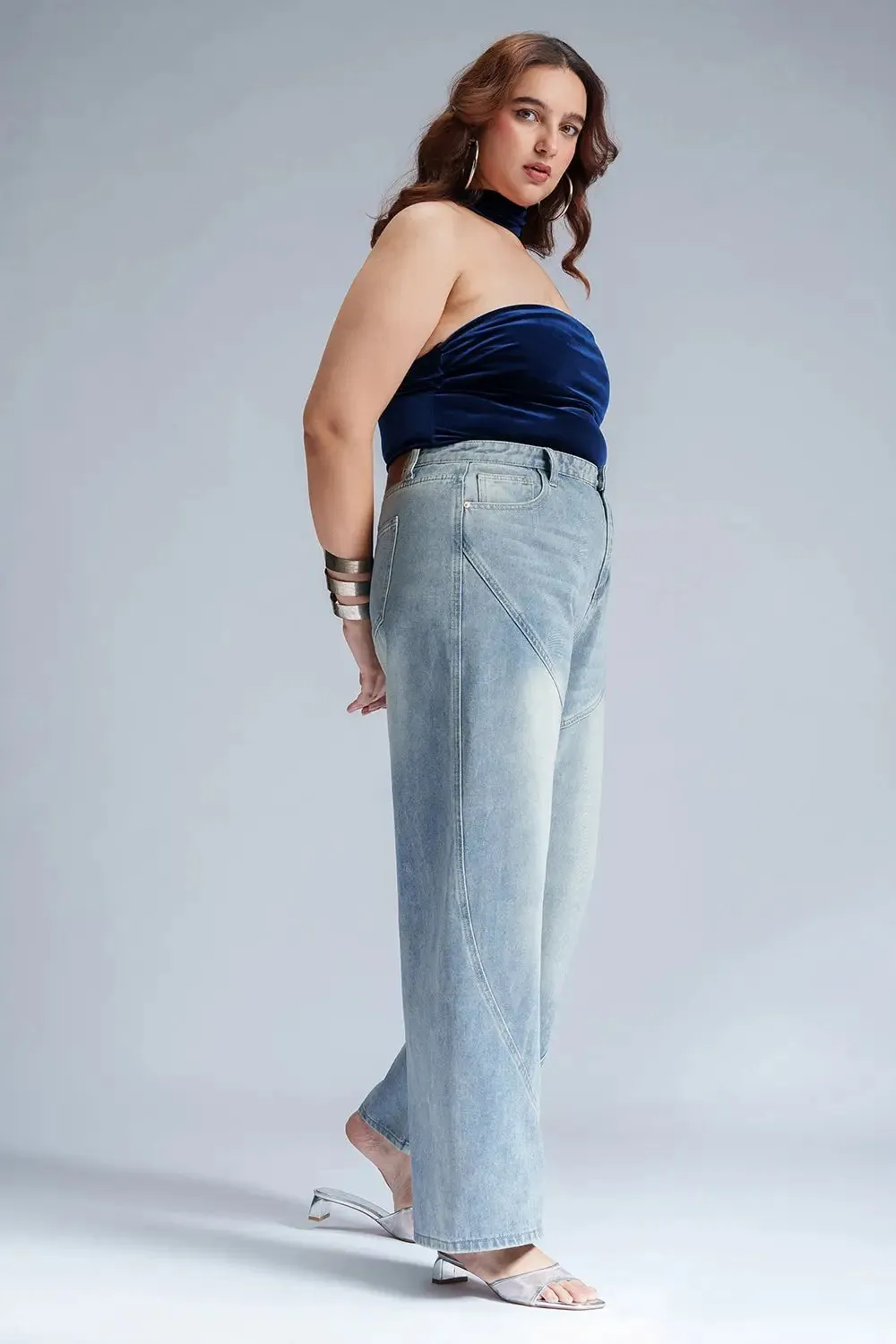 Serene Sky Curve Panelled Straight Fit Jeans