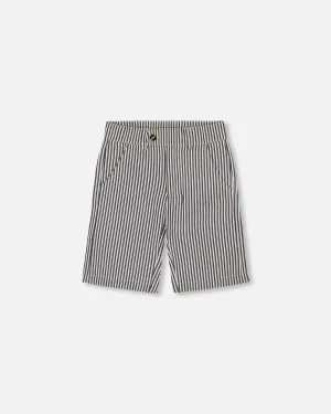 Slant Pocket Bermuda Shorts Navy Blue Striped