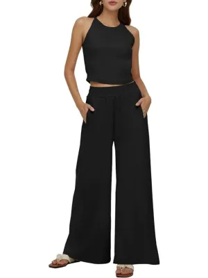 Sleeveless Crop Tank Top & High Waist Pants Outfit Sets