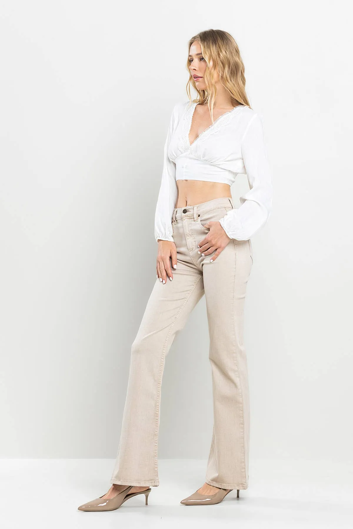 SneakPeek - High Rise Solid Slim Bootcut Jeans in Gray Violeta