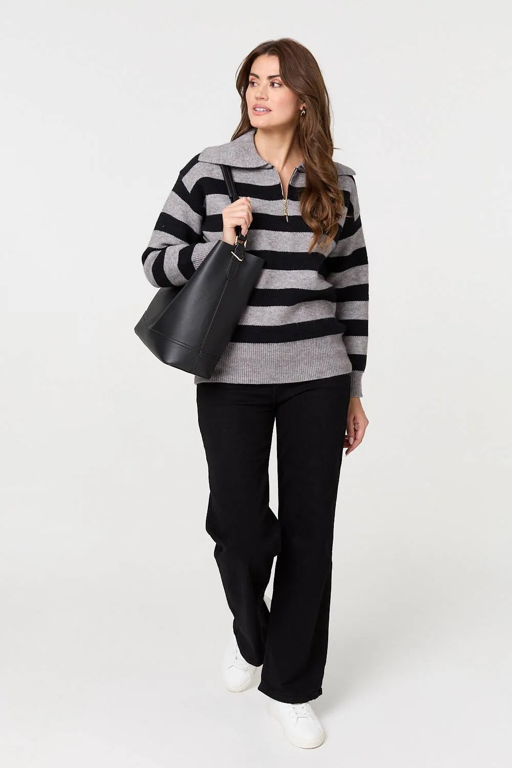 Striped Zip Neck Collared Pullover