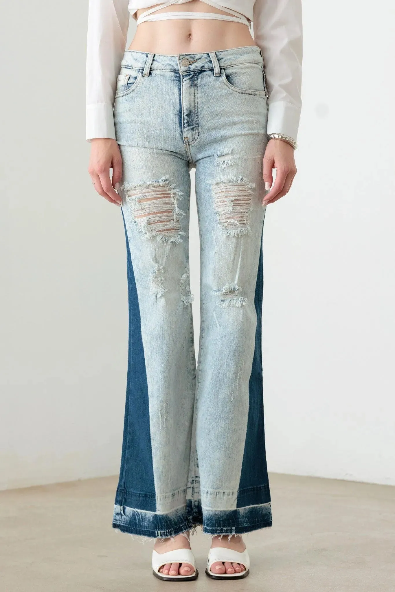 Tow Color Acid Wash Flare Denim Jeans