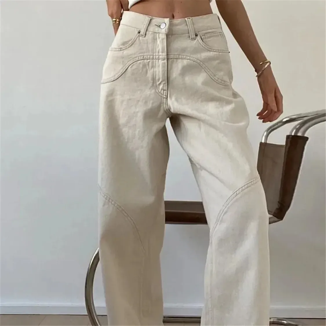 Women's Casual Low Waist Beige Wide Leg Flared Trousers | Perfect for Casual Days