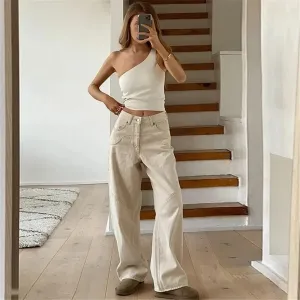 Women's Casual Low Waist Beige Wide Leg Flared Trousers | Perfect for Casual Days