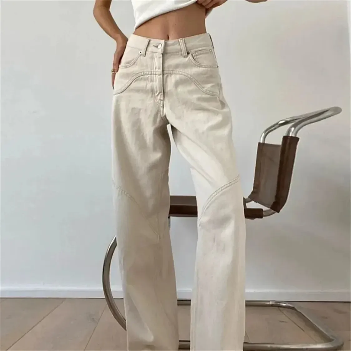 Women's Casual Low Waist Beige Wide Leg Flared Trousers | Perfect for Casual Days