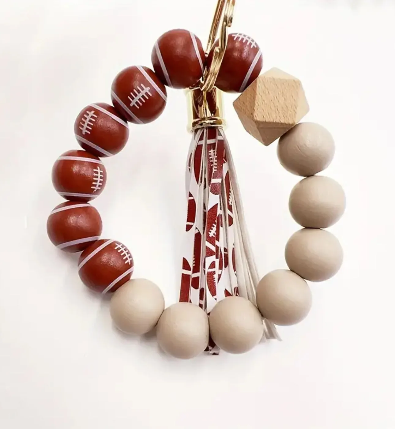 Wooden Bead Football Wristlet Keychain PU Leather Alloy Car Keyring Backpack Bag Hanging Pendant Charm Game Day Gift or for daily use