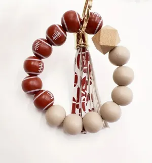 Wooden Bead Football Wristlet Keychain PU Leather Alloy Car Keyring Backpack Bag Hanging Pendant Charm Game Day Gift or for daily use